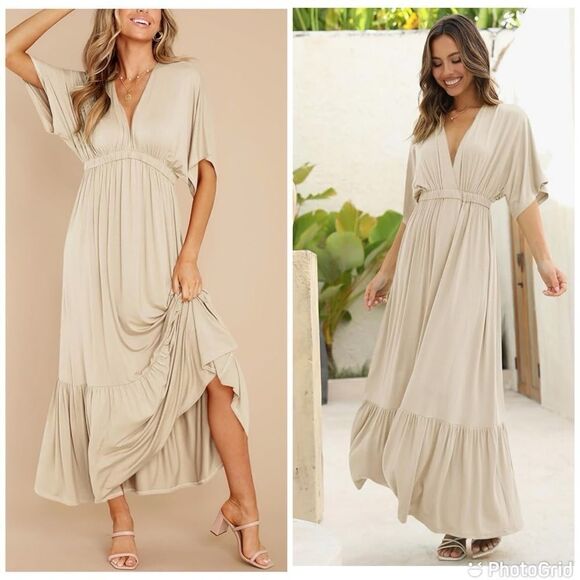 NWT Boho V Neck Short Sleeve Batwing Style Casual Loose High Waist Beach Dress - Picture 2 of 14